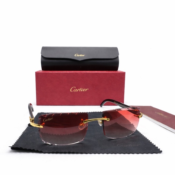 Cartier Rimless Rectangle Sunglasses Red Gradient Lenses Gold Frame - Picture 2 of 5